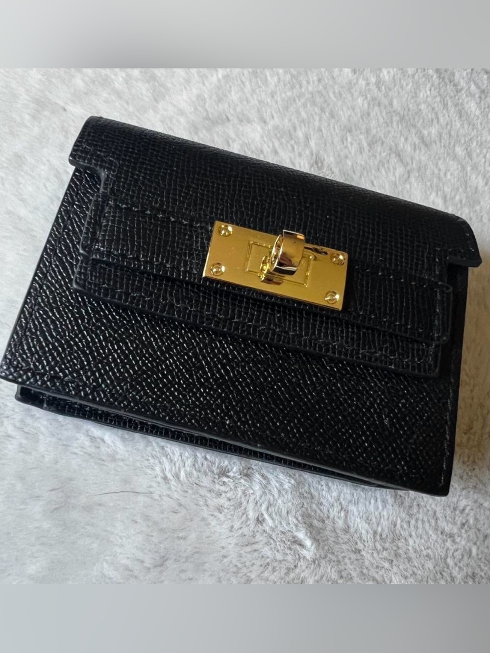 Black Textured Leather Wallet with Gold Turn-Lock